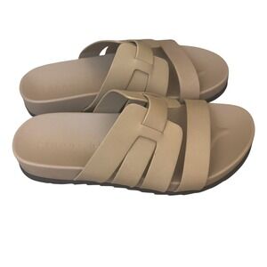 Gianni‎ Bini Slide Sandals Womens 7.5 Tan Leather H-Strap Flat Shoes Minimalist